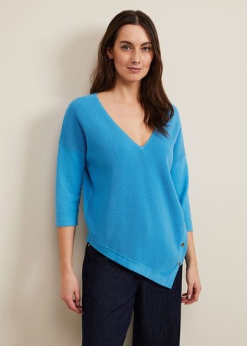 Phase Eight Georgia Ribbed Asymmetric Button Knitwear Blue USA | 4908276-HE